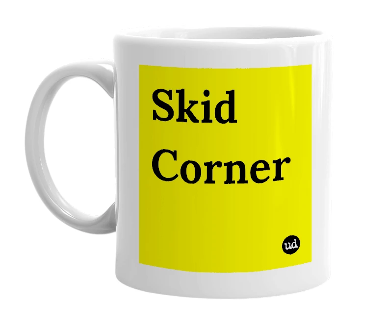 White mug with 'Skid Corner' in bold black letters