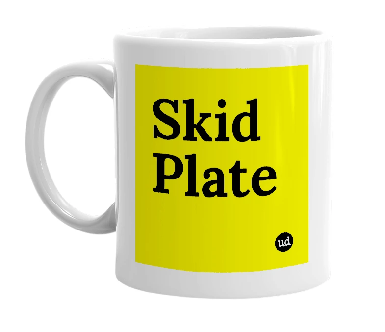 White mug with 'Skid Plate' in bold black letters
