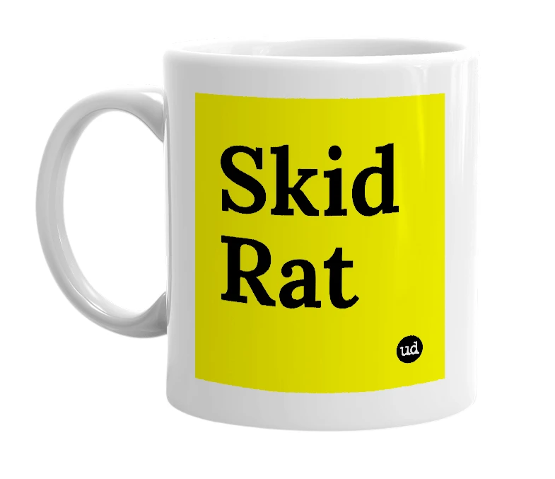 White mug with 'Skid Rat' in bold black letters