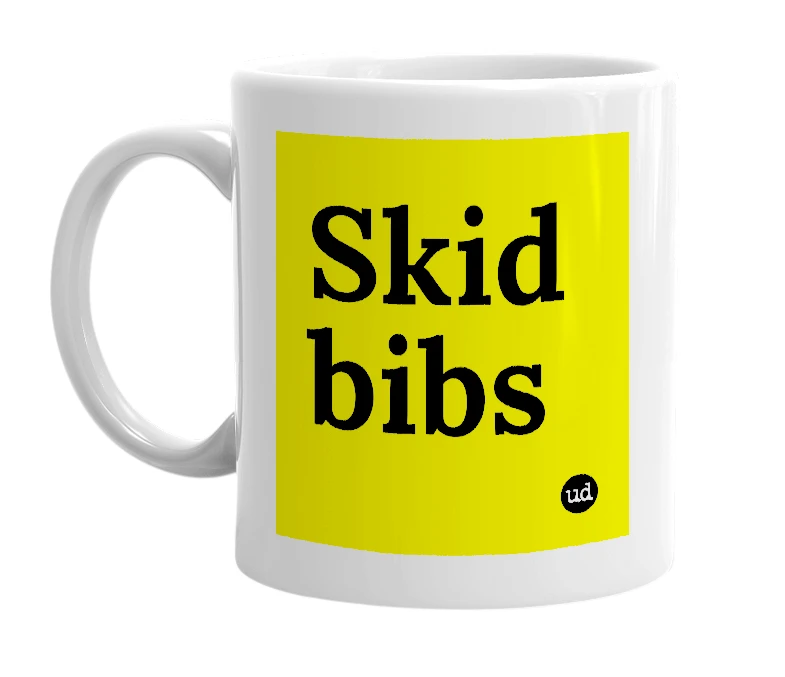 White mug with 'Skid bibs' in bold black letters