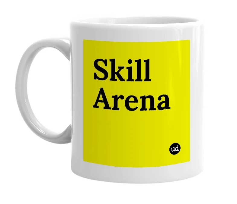 White mug with 'Skill Arena' in bold black letters