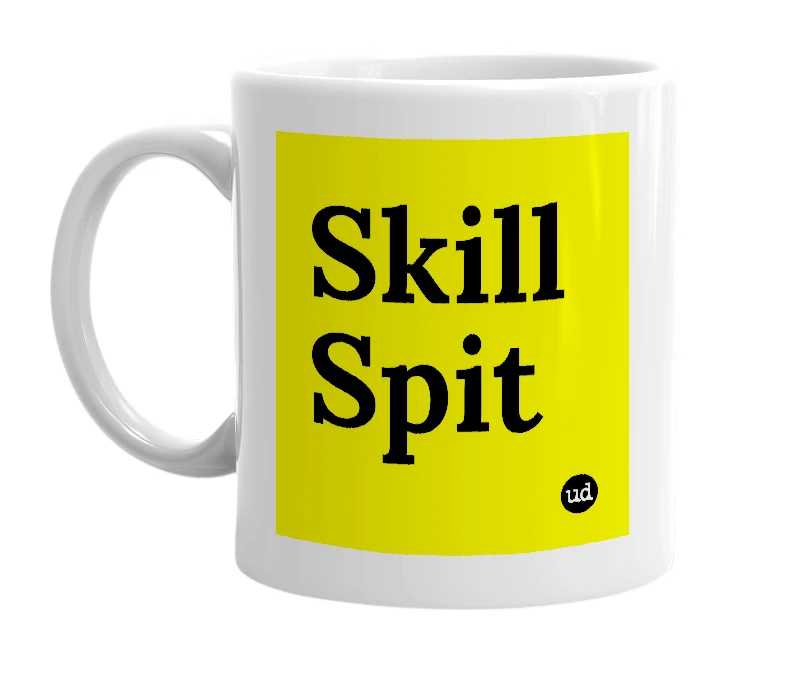 White mug with 'Skill Spit' in bold black letters