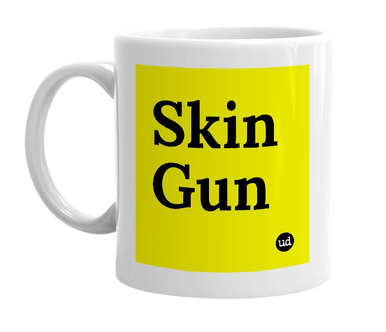 White mug with 'Skin Gun' in bold black letters