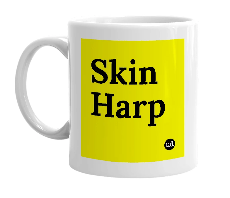 White mug with 'Skin Harp' in bold black letters