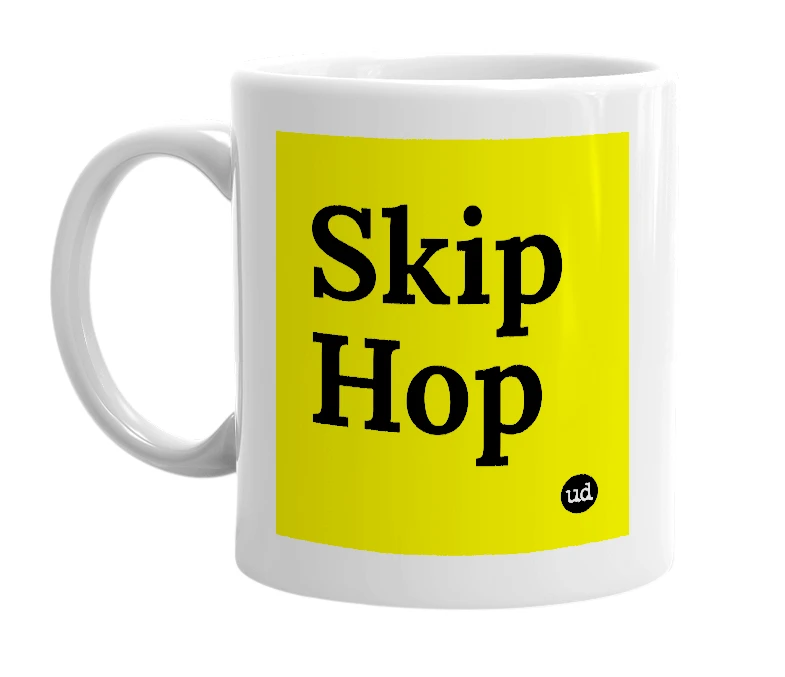 White mug with 'Skip Hop' in bold black letters