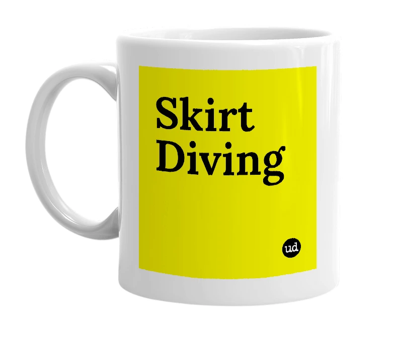 White mug with 'Skirt Diving' in bold black letters