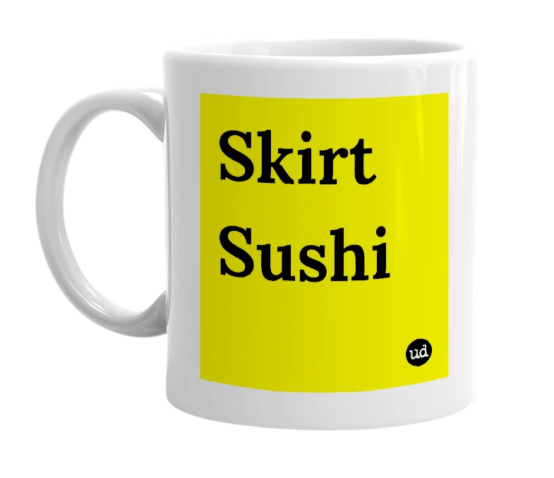 White mug with 'Skirt Sushi' in bold black letters