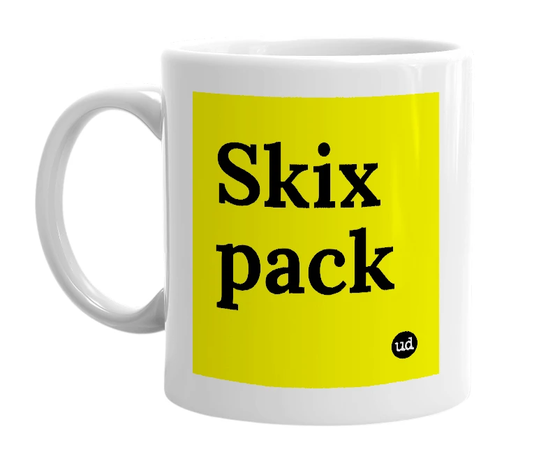 White mug with 'Skix pack' in bold black letters