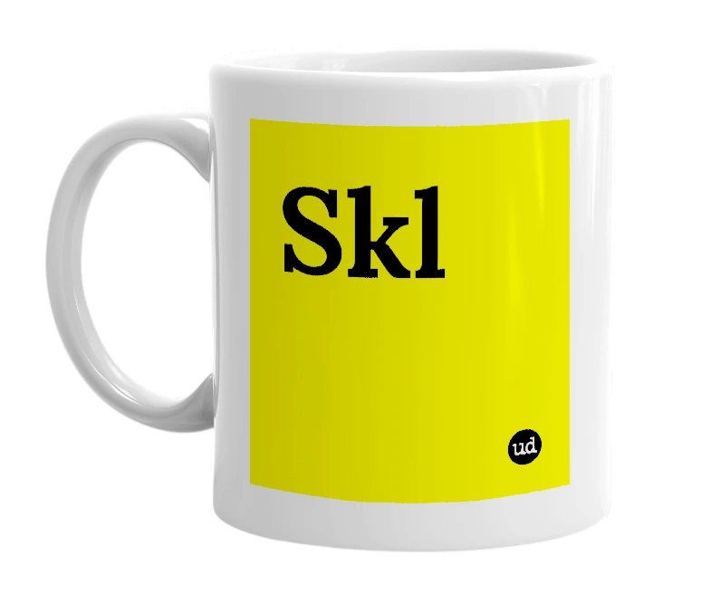 White mug with 'Skl' in bold black letters
