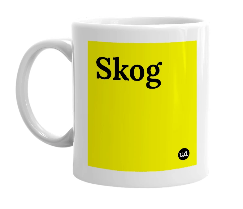 White mug with 'Skog' in bold black letters