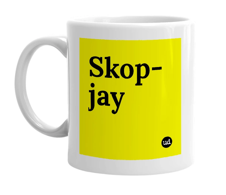 White mug with 'Skop-jay' in bold black letters