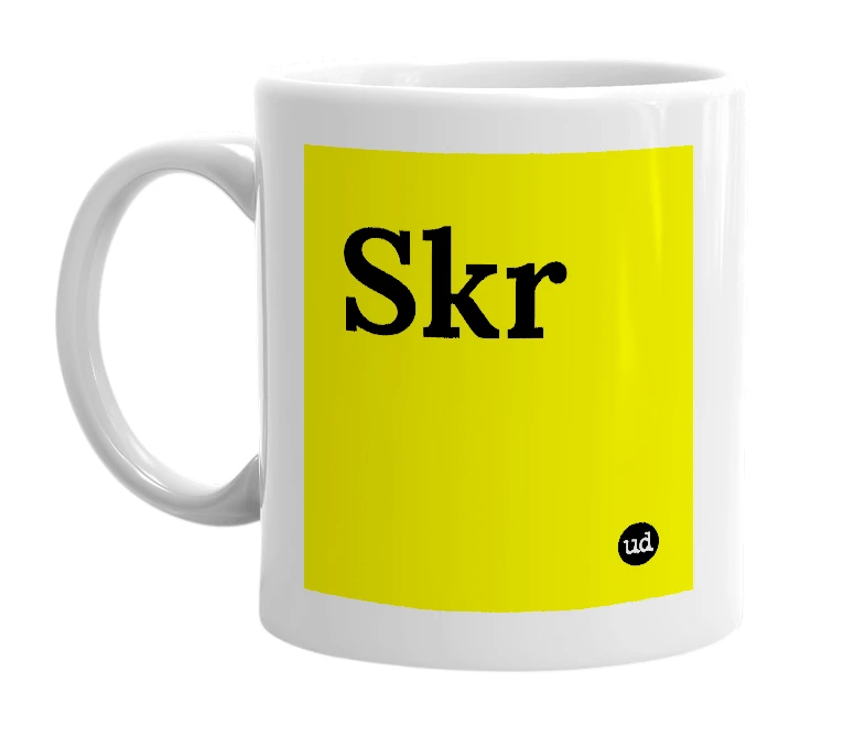 White mug with 'Skr' in bold black letters