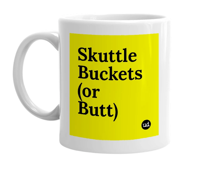 White mug with 'Skuttle Buckets (or Butt)' in bold black letters