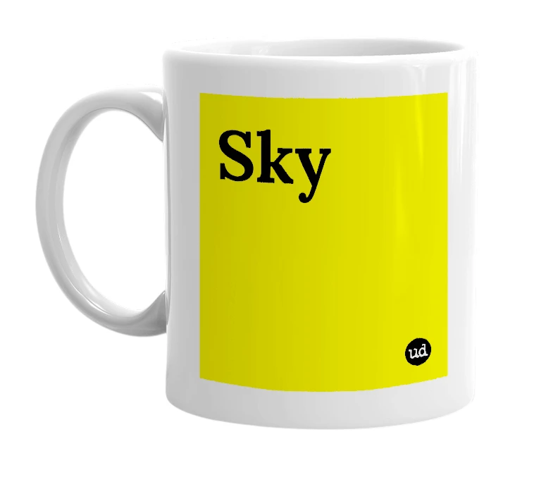 White mug with 'Sky' in bold black letters
