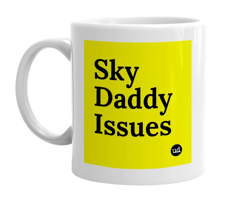 White mug with 'Sky Daddy Issues' in bold black letters