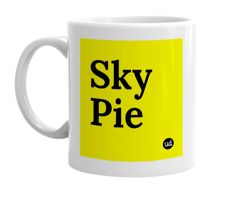White mug with 'Sky Pie' in bold black letters