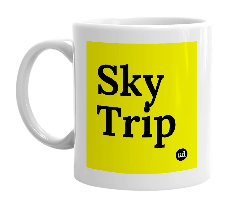 White mug with 'Sky Trip' in bold black letters