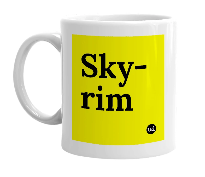 White mug with 'Sky-rim' in bold black letters