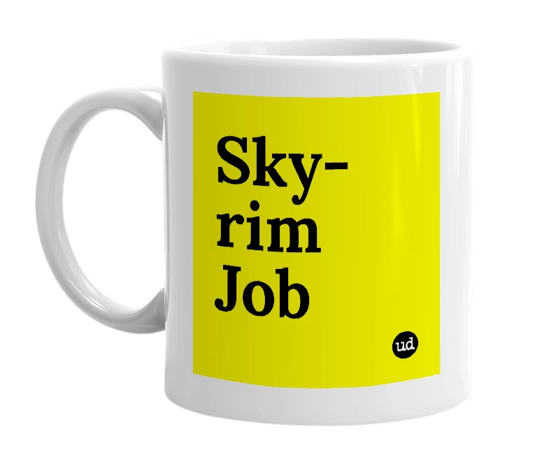 White mug with 'Sky-rim Job' in bold black letters