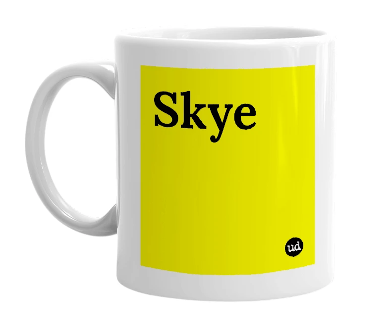 White mug with 'Skye' in bold black letters