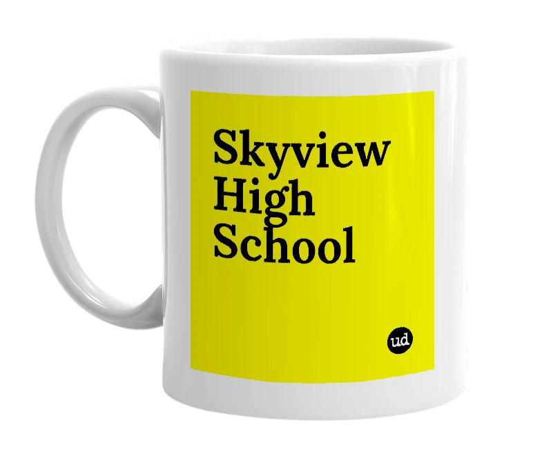 White mug with 'Skyview High School' in bold black letters