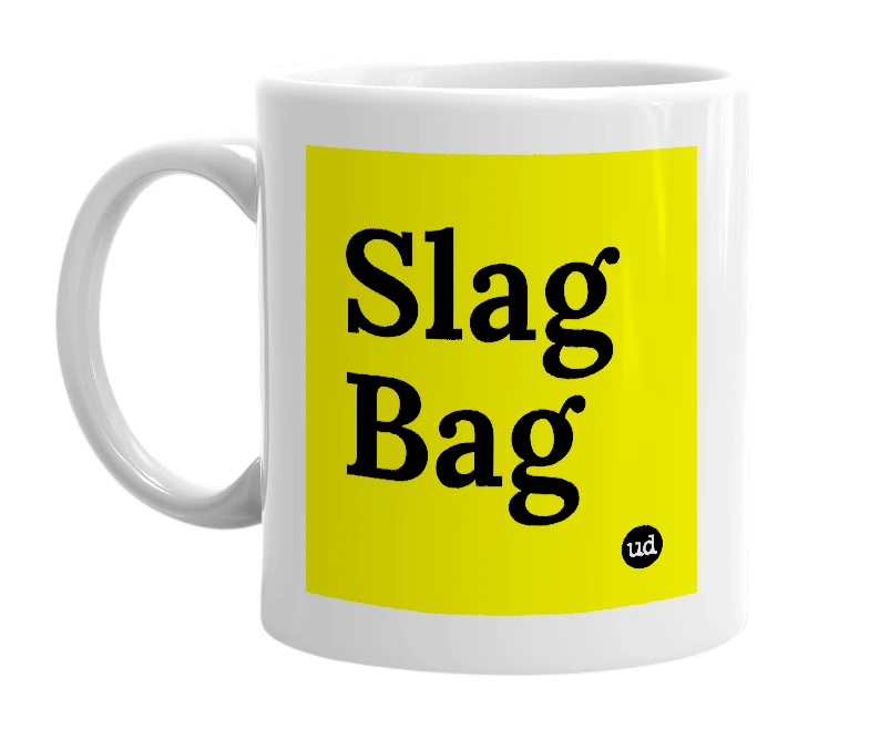 White mug with 'Slag Bag' in bold black letters