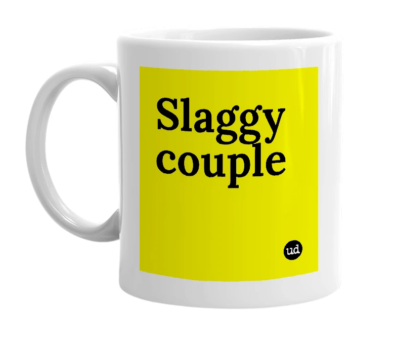 White mug with 'Slaggy couple' in bold black letters