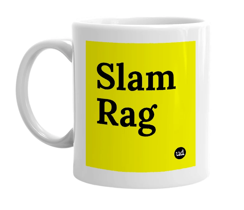 White mug with 'Slam Rag' in bold black letters