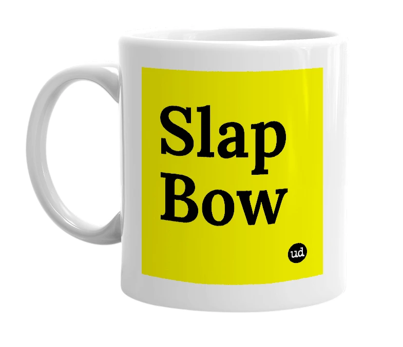 White mug with 'Slap Bow' in bold black letters