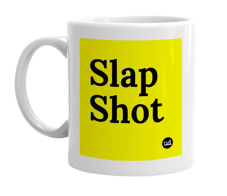 White mug with 'Slap Shot' in bold black letters
