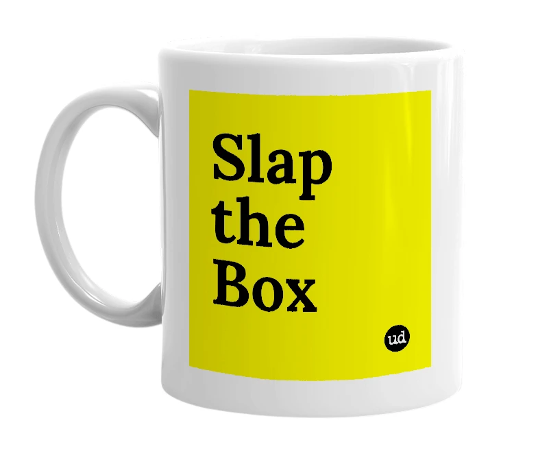 White mug with 'Slap the Box' in bold black letters