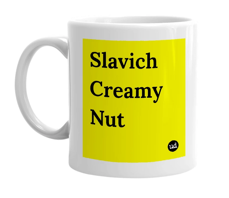 White mug with 'Slavich Creamy Nut' in bold black letters
