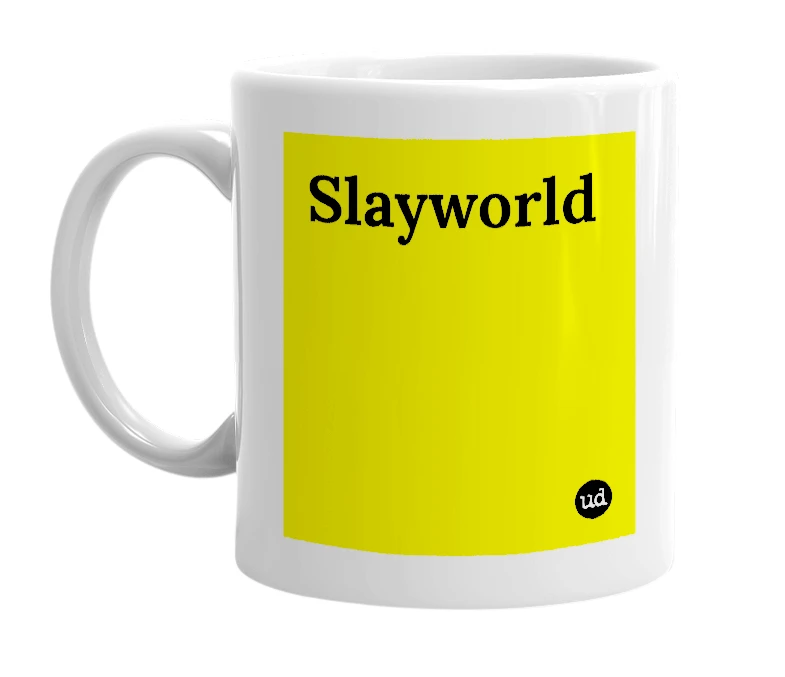 White mug with 'Slayworld' in bold black letters