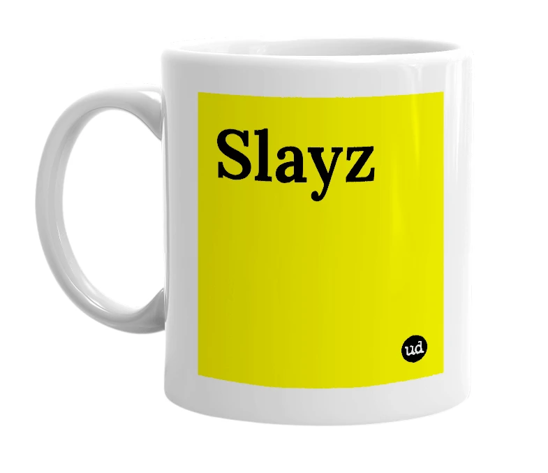White mug with 'Slayz' in bold black letters