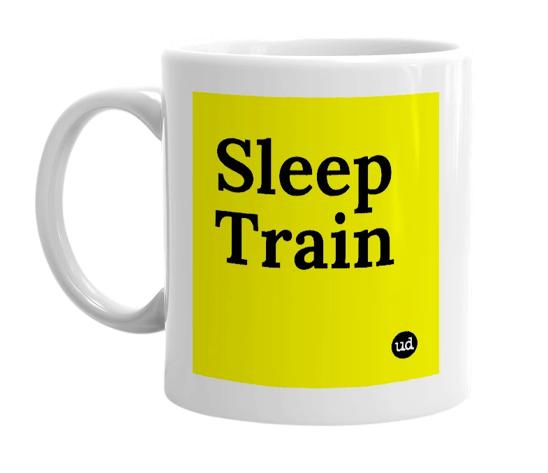 White mug with 'Sleep Train' in bold black letters