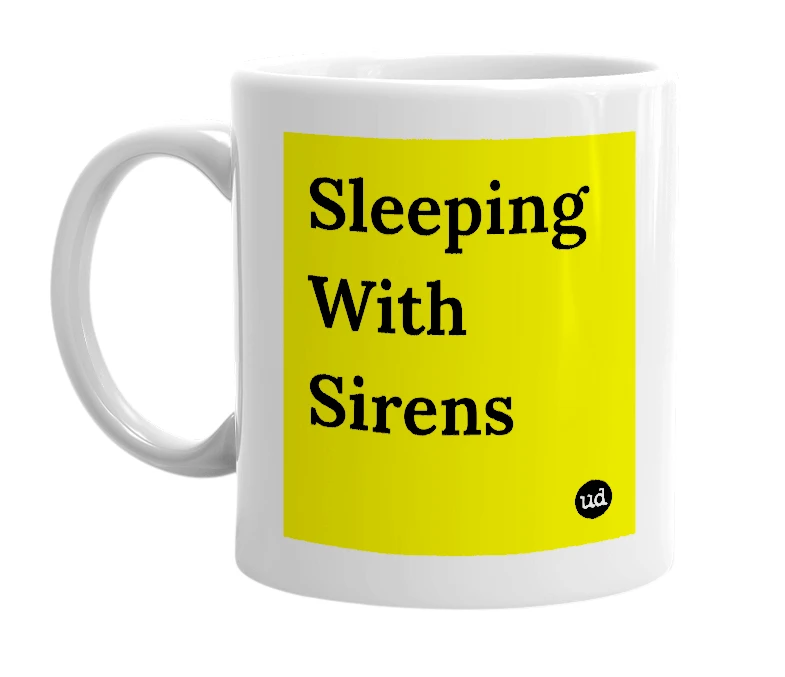 White mug with 'Sleeping With Sirens' in bold black letters