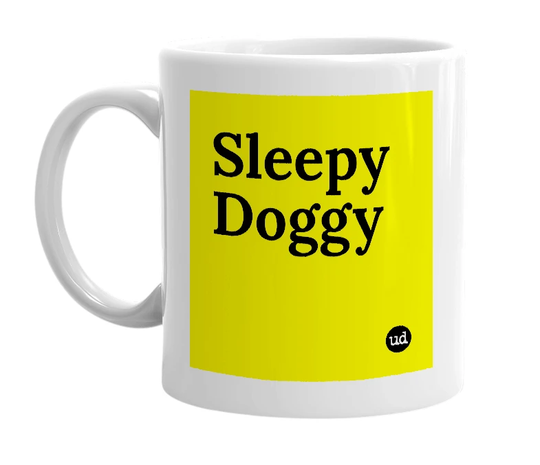 White mug with 'Sleepy Doggy' in bold black letters