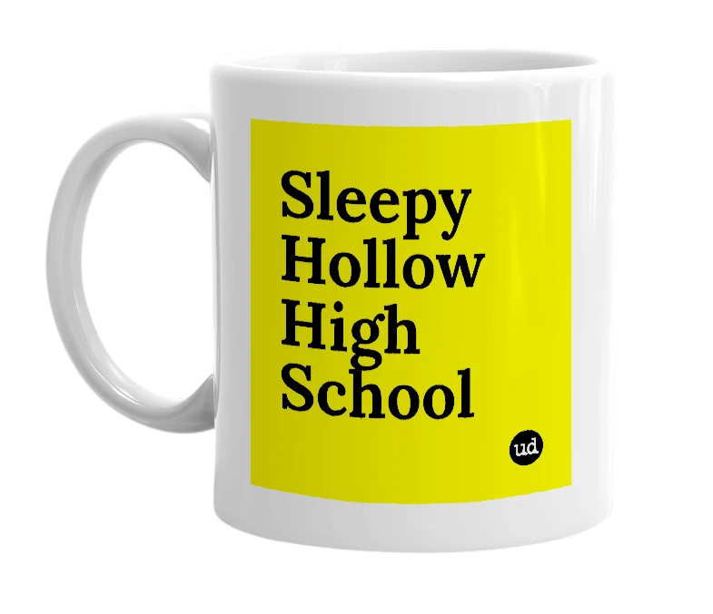 White mug with 'Sleepy Hollow High School' in bold black letters