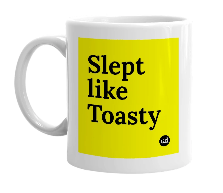 White mug with 'Slept like Toasty' in bold black letters