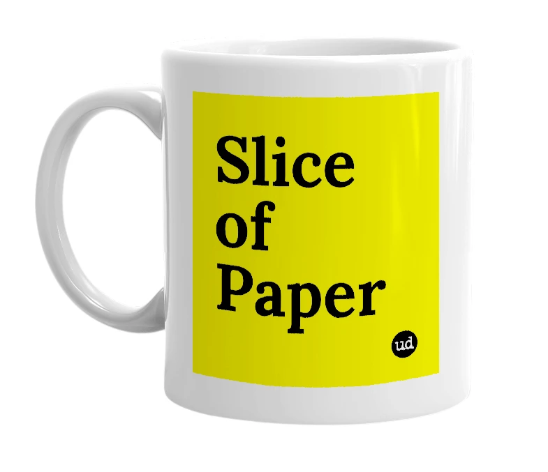 White mug with 'Slice of Paper' in bold black letters