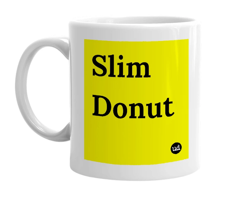 White mug with 'Slim Donut' in bold black letters