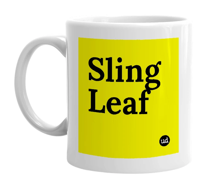 White mug with 'Sling Leaf' in bold black letters