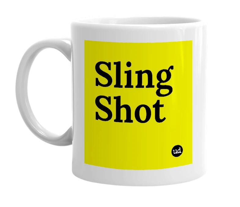 White mug with 'Sling Shot' in bold black letters