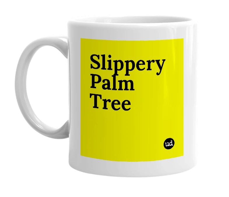 White mug with 'Slippery Palm Tree' in bold black letters