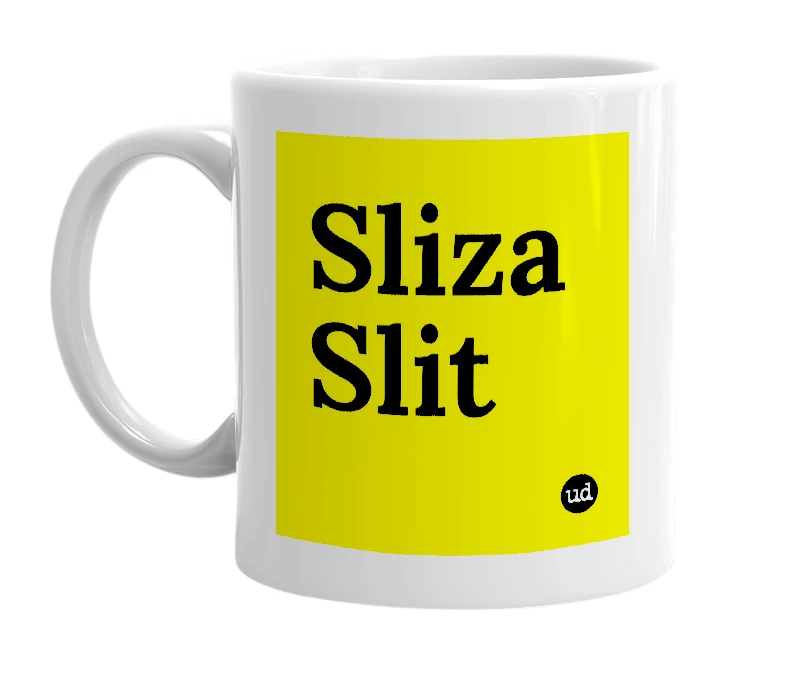 White mug with 'Sliza Slit' in bold black letters