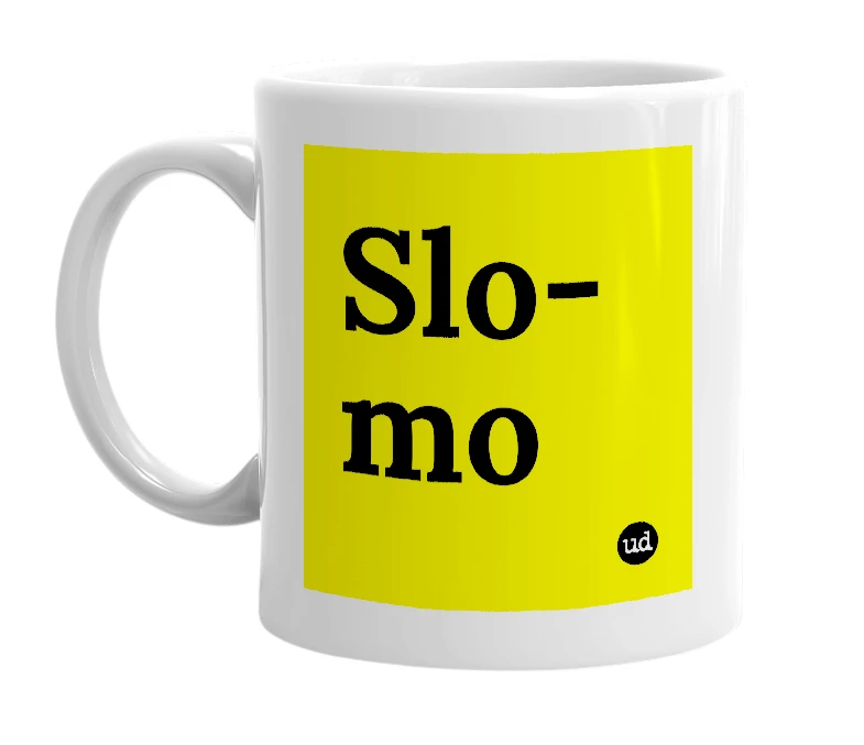 White mug with 'Slo-mo' in bold black letters