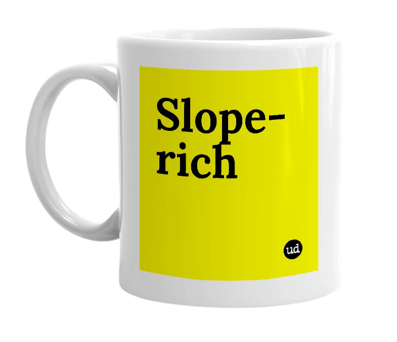 White mug with 'Slope-rich' in bold black letters