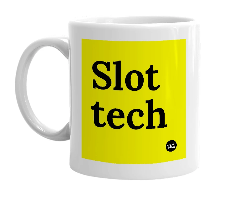 White mug with 'Slot tech' in bold black letters