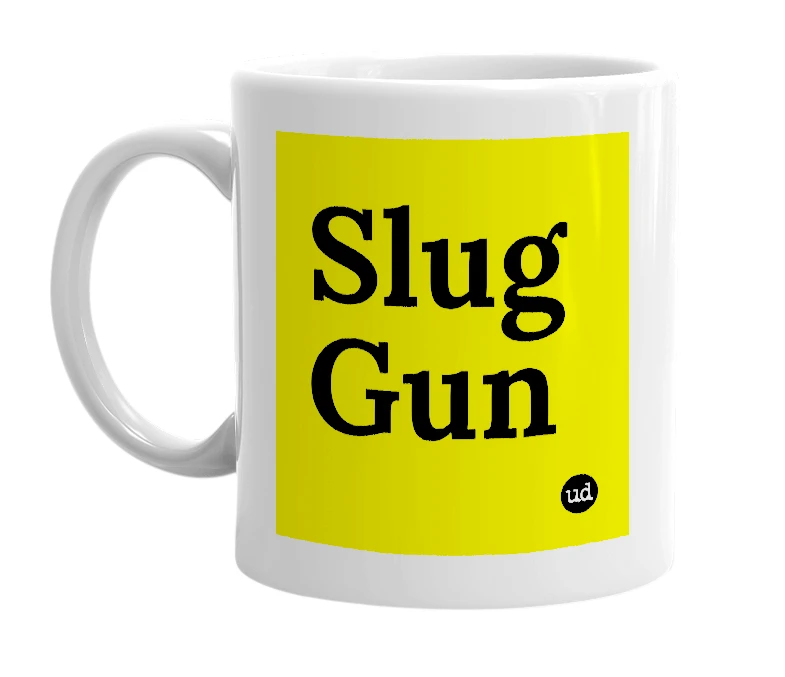 White mug with 'Slug Gun' in bold black letters