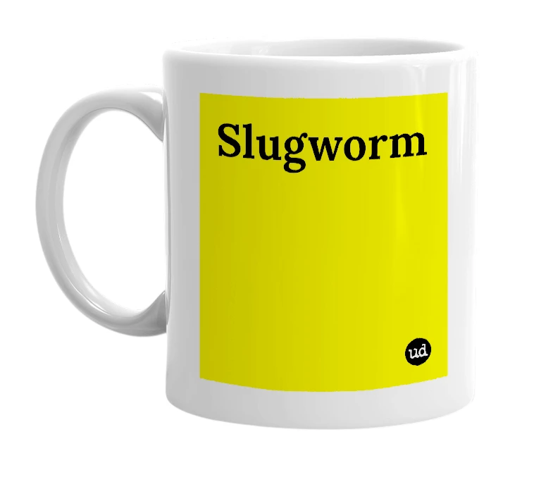 White mug with 'Slugworm' in bold black letters